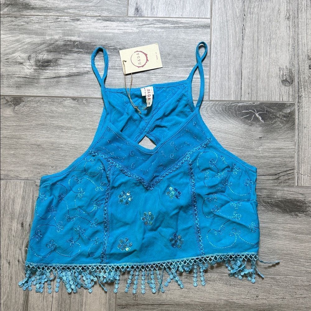 RAGA Turquoise Beaded Cropped Camisole with Open Back Size Small